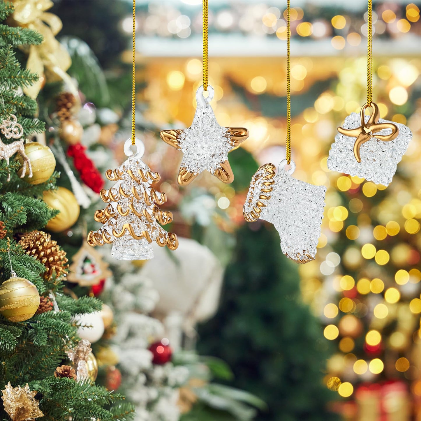 Set of 4 Crystal Glass Christmas Ornaments Glass Christmas Star Crystal Hanging Ornaments for Xmas Tree Winter New Year Party Supplies