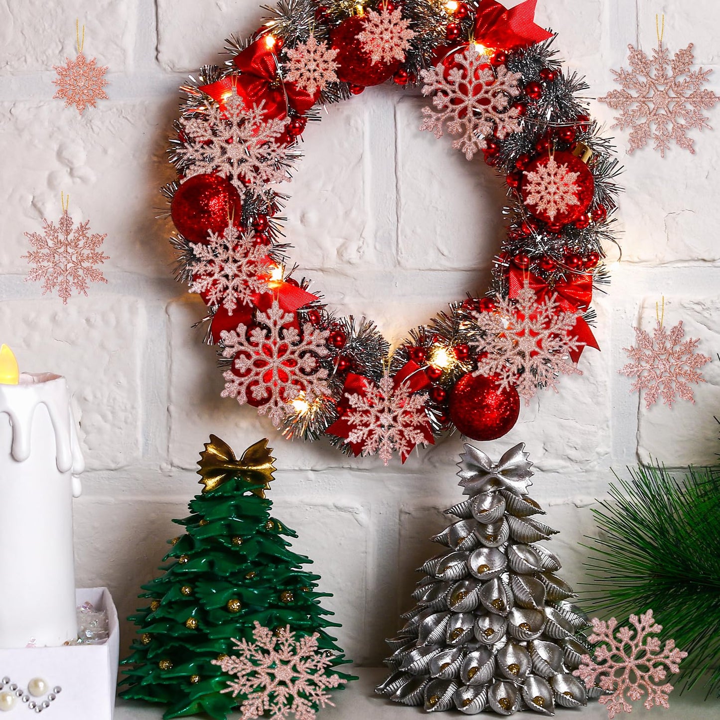 36pcs Christmas Rose Gold Snowflake Ornaments Plastic Glitter Snow Flakes Ornaments for Winter Christmas Tree Decorations Size Varies Craft Snowflakes