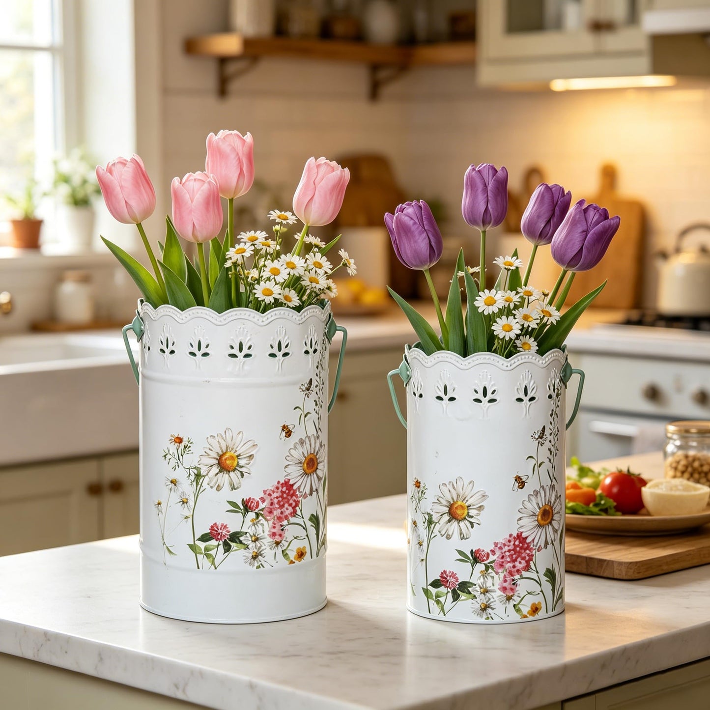 Zorvynelle Set of 2 Rustic White Metal Flower Pots, Decorative Floral Buckets Farmhouse Iron Vases Planters for Dried Flowers, Faux Plants, Home Garden Decor