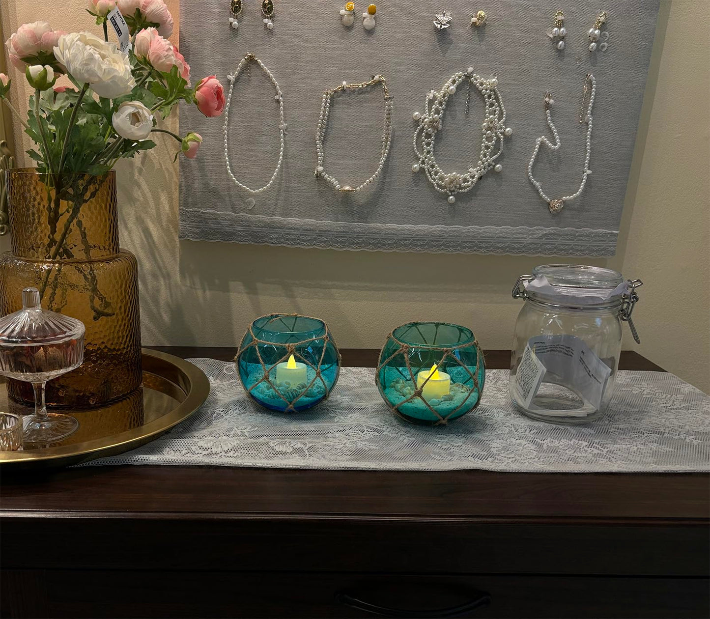SAILINGSTORY Glass Fishing Float Tealight Candle Holder Nautical Coastal Beach Decor Teal and Blue Set of 2 Pack