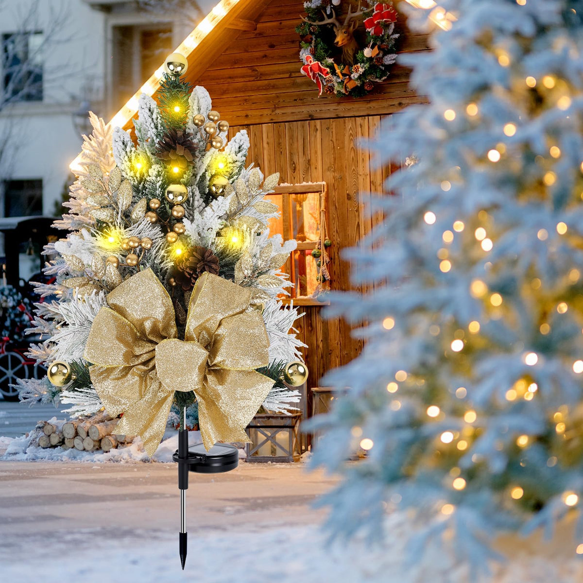 2 Pack Gold Outdoor Pathway Christmas Tree Urn Filler Solar Waterproof Cemetery Xmas Tree Faux Pine Cones Gold Christmas Ball Berry Pathway Light Ornament Stakes for Yard Garden Lawn Walkway Cemetery