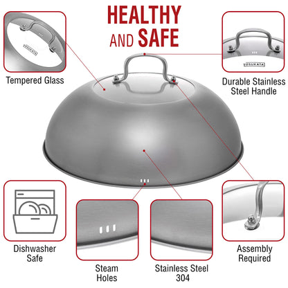 YOSUKATA Flat Bottom Wok Pan - 13.5" Blue Carbon Steel Wok With Lid 12.8 Inch - Premium Stainless Pan Cover with Tempered Glass Insert Steam Holes and Ergonomic Handle