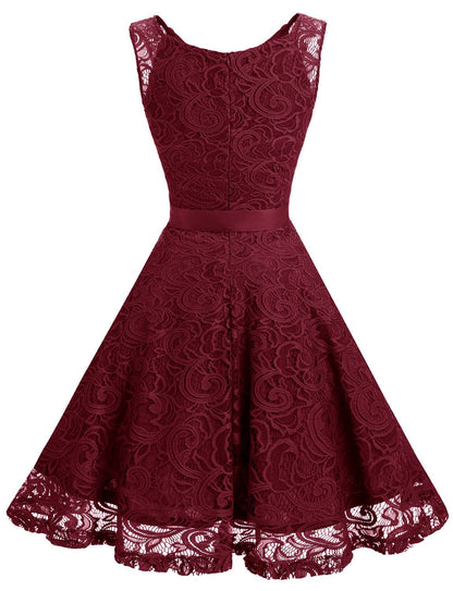 Dressystar 0010 Women Floral Lace Bridesmaid Party Dress Short Prom Dress V Neck Burgundy XXL