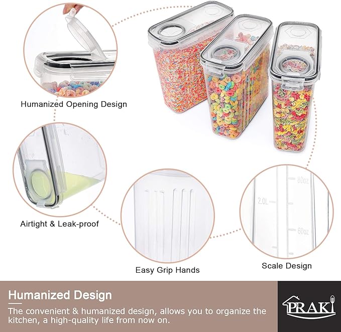 PRAKI 5PCS Cereal Containers Storage Set, BPA Free Airtight Food Storage