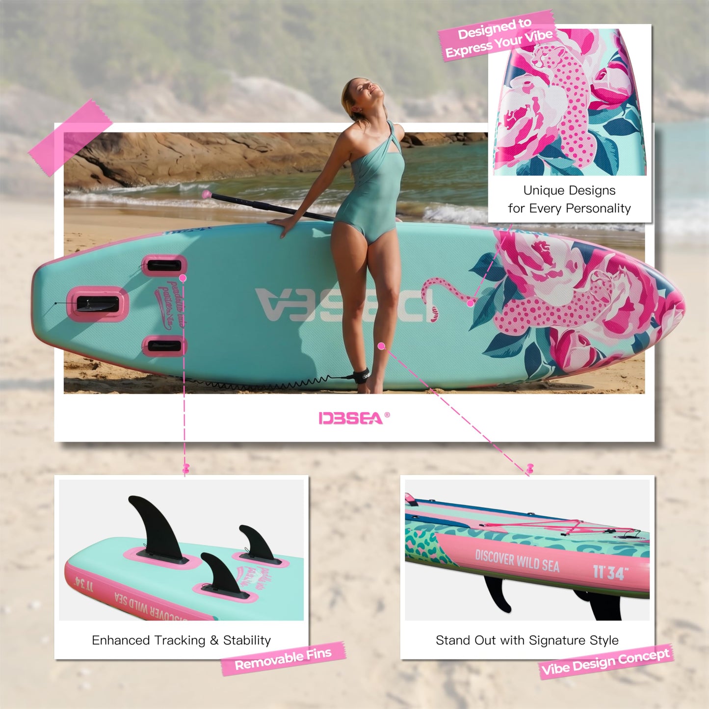 D3SEA 11 ft Inflatable Paddle Board with SUP Accessories, Extra Long Non Slip EVA Deck, Extra Wide iSUP, All Around Paddleboard for Adults &Youth (Seafoam Green Pink Leopard, 11' × 34" × 6")