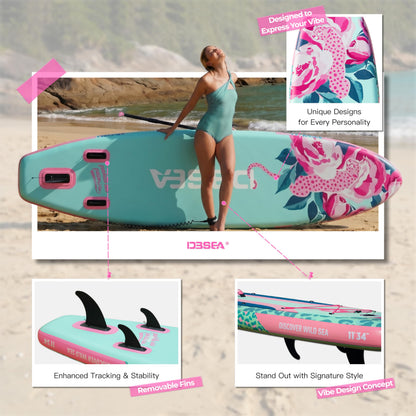 D3SEA 11 ft Inflatable Paddle Board with SUP Accessories, Extra Long Non Slip EVA Deck, Extra Wide iSUP, All Around Paddleboard for Adults &Youth (Seafoam Green Pink Leopard, 11' × 34" × 6")