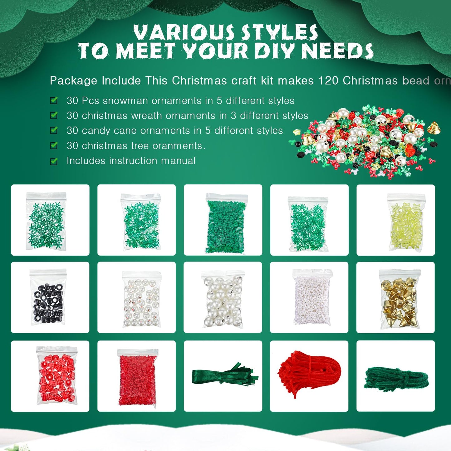 Yuxung 120 Sets Christmas Crafts for Adults Beaded Ornament Kit Including 30 Snowmen 30 Christmas Trees 30 Wreaths 30 Candy Canes for Xmas Tree Christmas Party DIY Decorations (Assembly Needed)