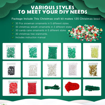 Yuxung 120 Sets Christmas Crafts for Adults Beaded Ornament Kit Including 30 Snowmen 30 Christmas Trees 30 Wreaths 30 Candy Canes for Xmas Tree Christmas Party DIY Decorations (Assembly Needed)