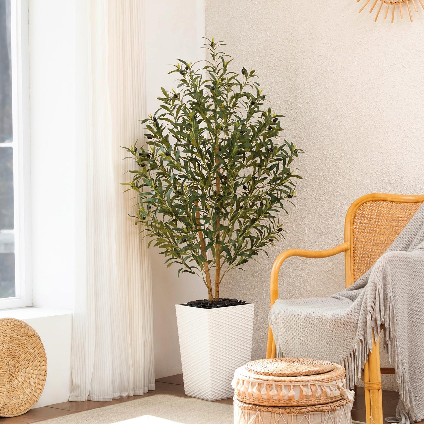 OAKRED Artificial Olive Tree 5FT Faux Olive Tree - Adjustable Branches UV Resistant with White Taper Planter and Pebbles - Faux Plants Indoor for Living Room, Office Decor and Bedroom