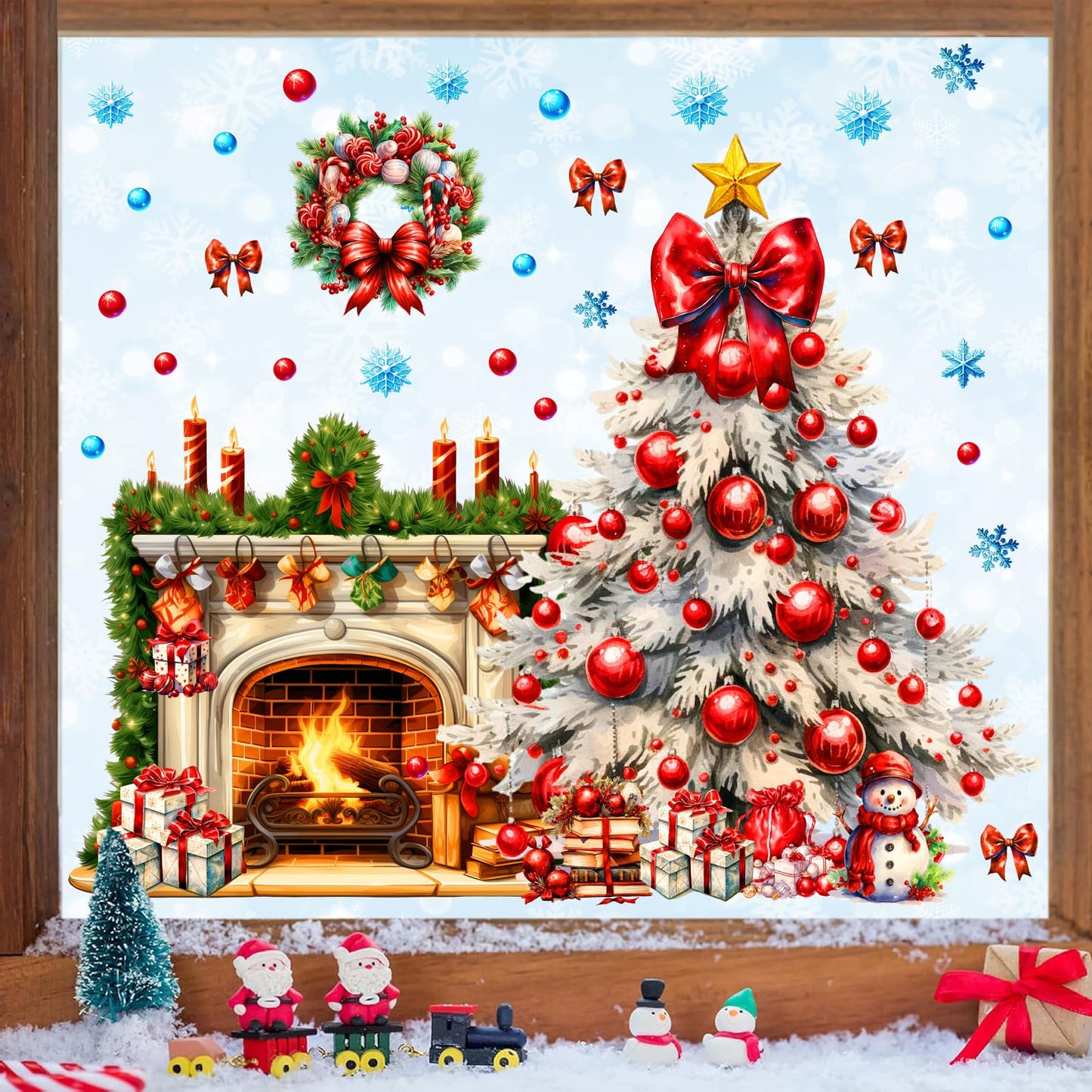 Christmas Tree Wall Stickers Xmas Fireplace Wall Decals Peel and Stick Winter Snowflake Wall Decals Winter Holiday Snow Fireplace Tree Window Decal Christmas Window Stickers Party Decorations