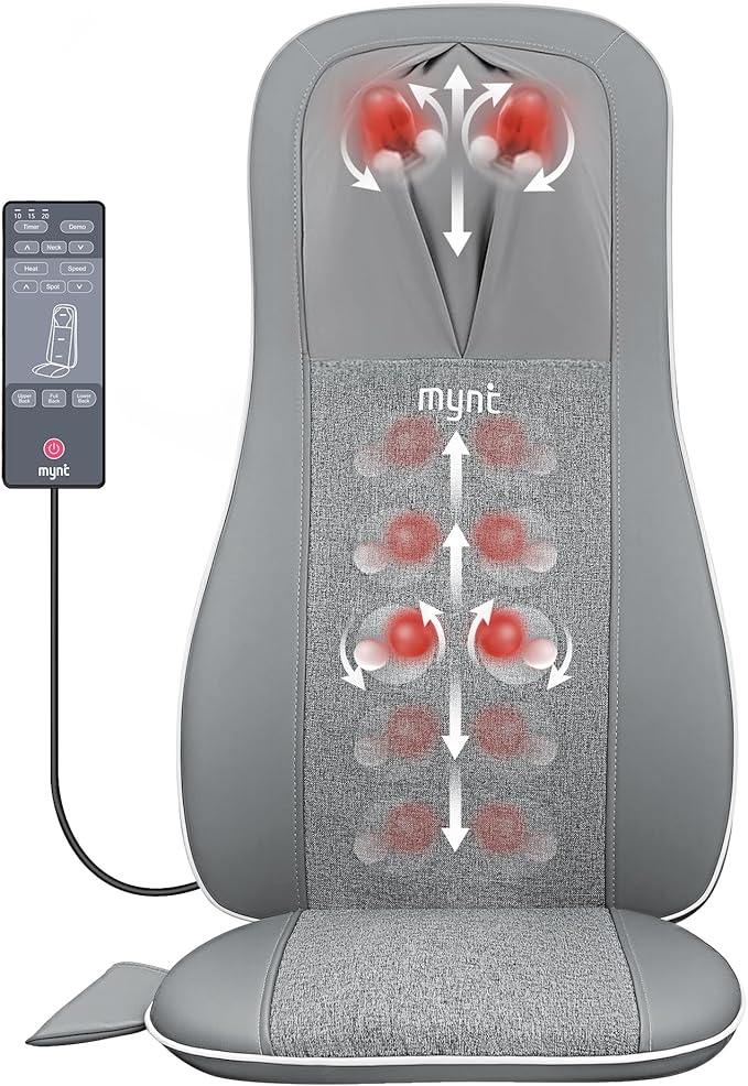 Mynt Shiatsu Neck and Back Massager with Heat, 3D Kneading Full Back Massager for Pain Relief Deep Tissue, Foldable Adjustable Chair Massager for Home Office, Christmas Gift for Dad Mom, Gray