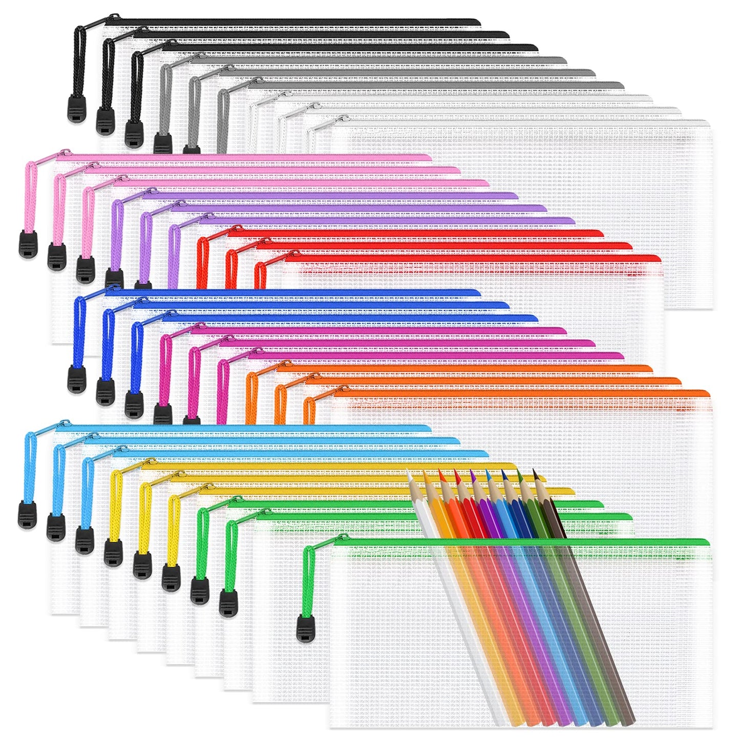 Umriox Pencil Pouches, 9.2 x 4.7 in (12 Colors, 36 Packs), Clear Pencil Pouch Bulk, Pencil Bags with Zipper for Bill Stationary Cosmetics Travel Storage