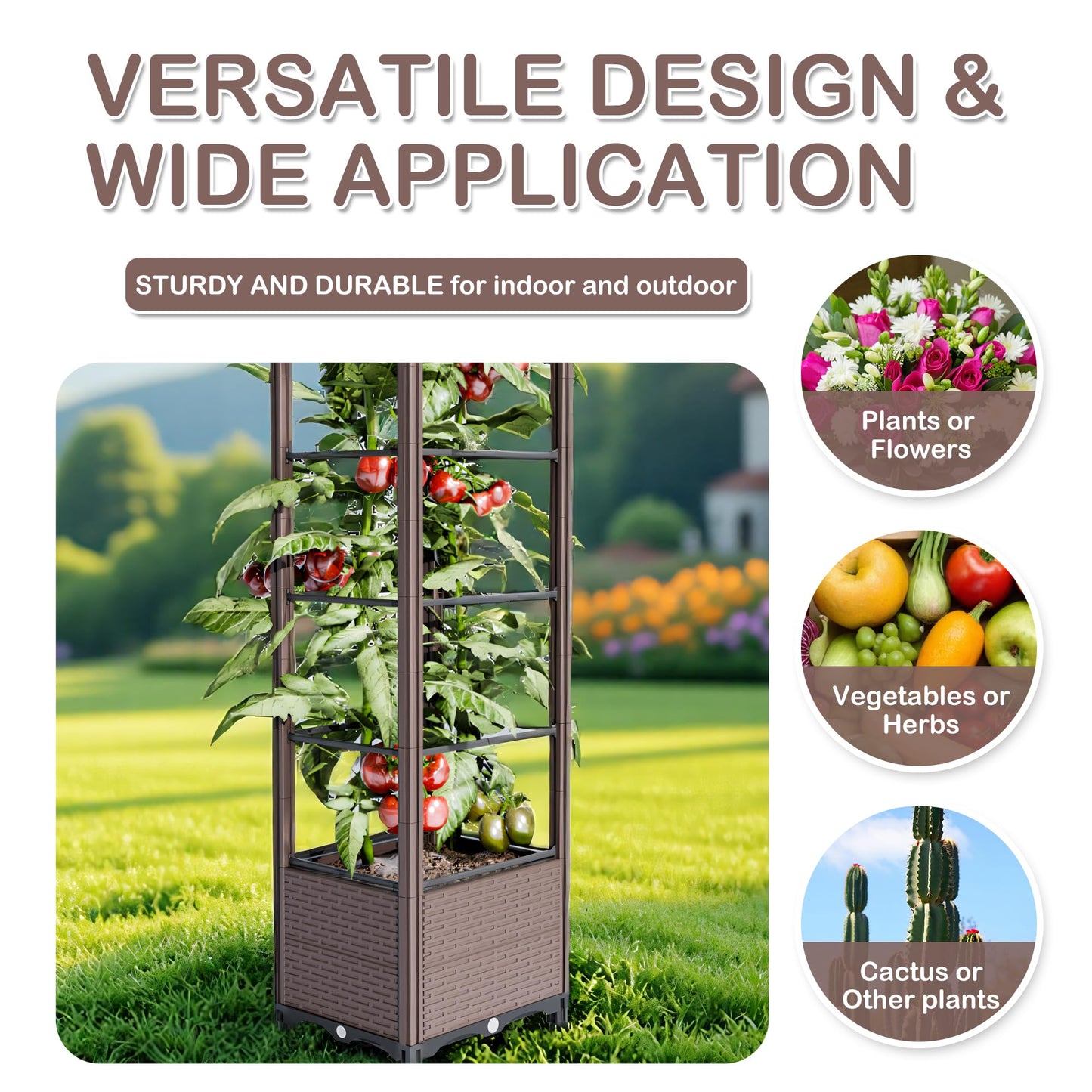 Raised Garden Bed with Trellis for Tomatoes, 10.5 Gal Planter Box Outdoor, 69.69" Tall Flower Planter with Tomato Cage, 15.7" Elevated Garden Bed for Vegetables, Climbing Plants & Flowers (Brown)