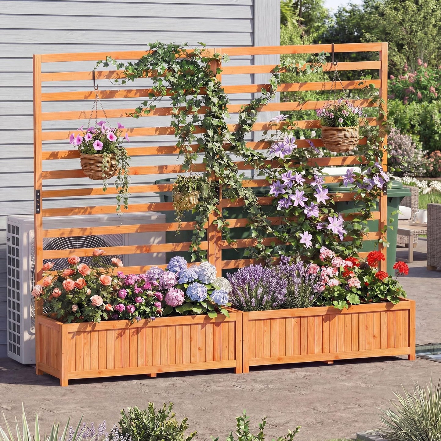 Giantex Set of 2 Raised Garden Bed with Trellis, 59” Tall Planter Box with Liner, Drainage Gaps for Climbing Vine Vegetable Flower, Indoor Outdoor Freestanding Privacy Screen for Porch Patio Yard