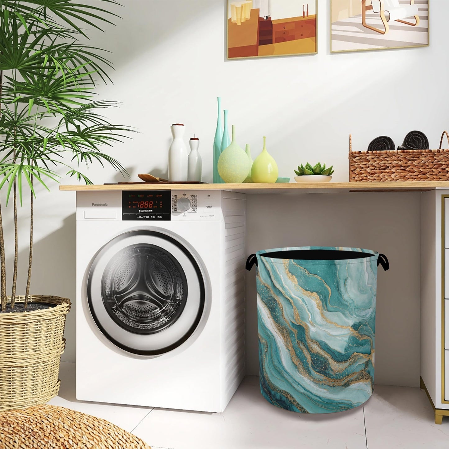 Blue Green Gold Marble Laundry Basket,Foldable with Handles Tote Bag Oxford Cloth for Bathroom Bedroom Dirty Clothes Storage Bucket 16" x 20.8"