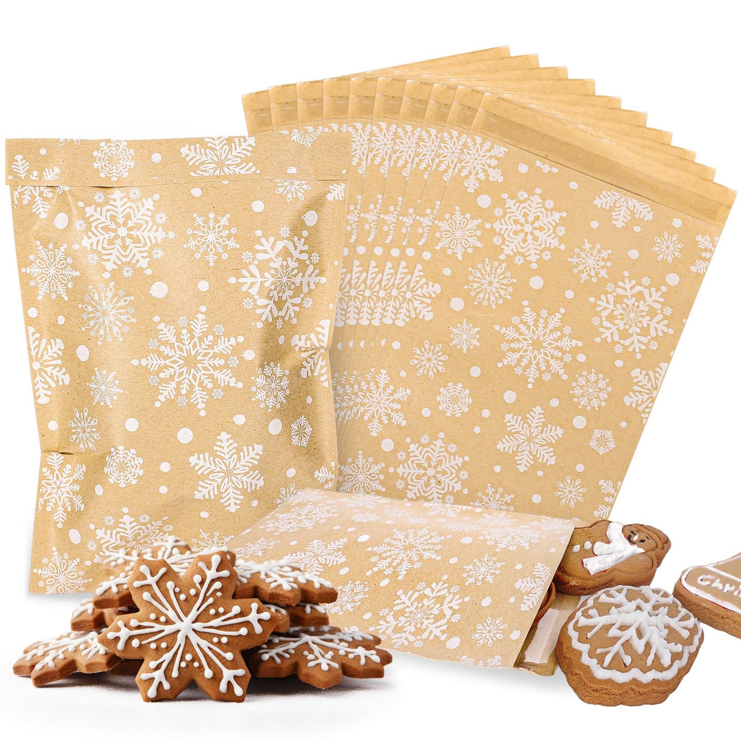 Whaline 100Pcs Christmas Kraft Treat Bags Self-Adhesive Winter White Snowflake Prints Goodie Snack Gift Bags Xmas Candy Buffet Kraft Bag for Holiday Party Favor Supplies