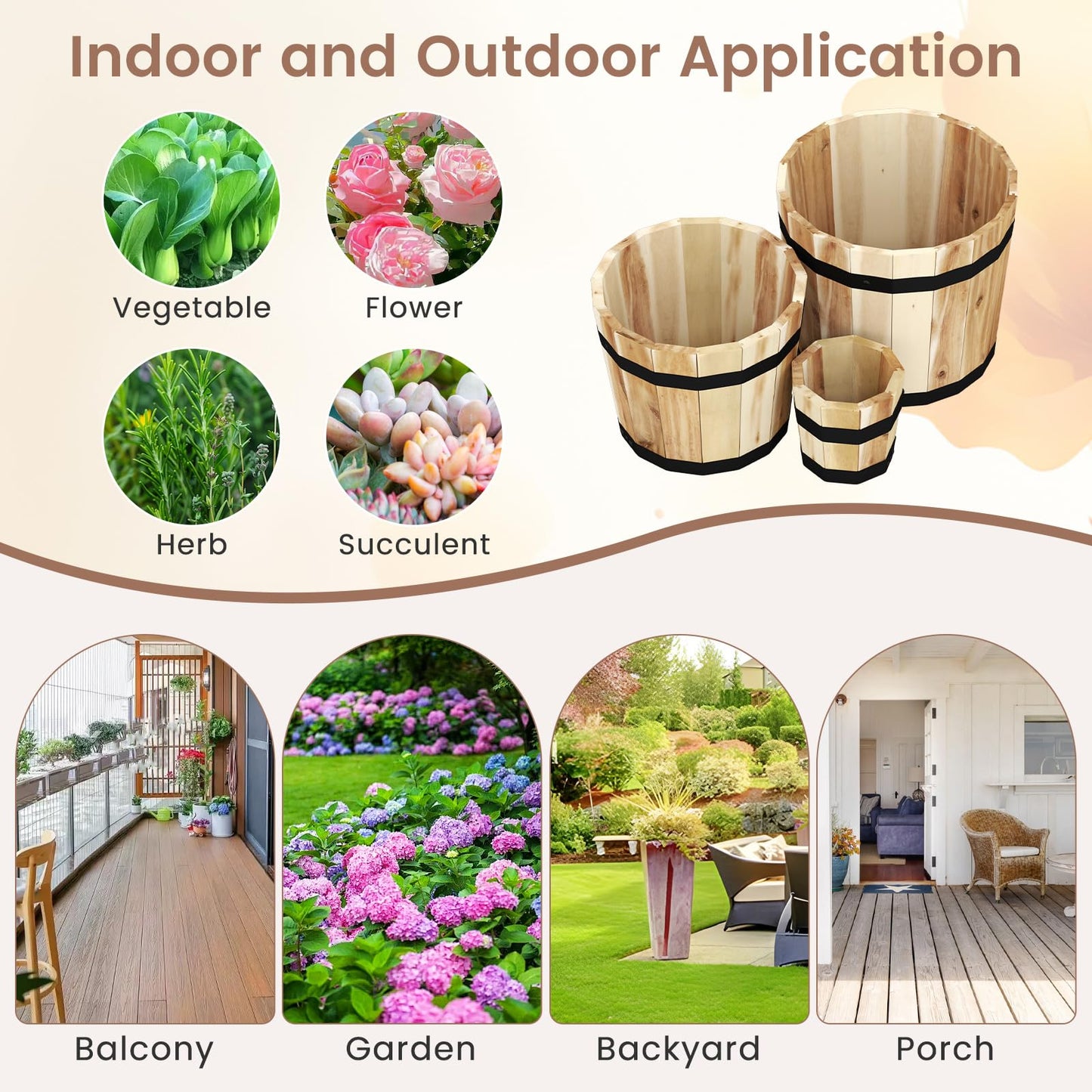 HAPPYGRILL Wooden Plant Pots, 3 Solid Acacia Wood Whiskey Barrel Planters w/Drainage Holes for Flower Herb Shrub, Multi Sizes Indoor Outdoor Patio Planting Flower Pots Home Decoration