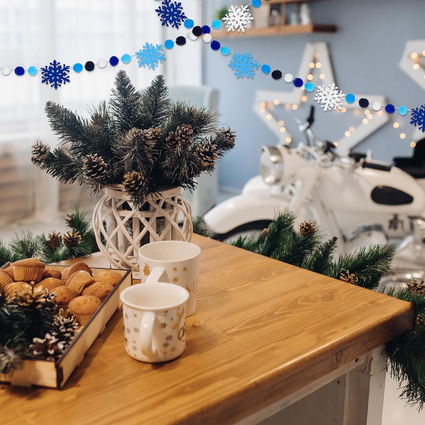 AnyDesign 8.2Ft Winter Snowflake Felt Ball Garland Cute Dark Blue Sky Blue White Pom Ball Banner Christmas Hanging Bunting Garland for Xmas Holiday Home Mantel Wall Decor Party Supplies