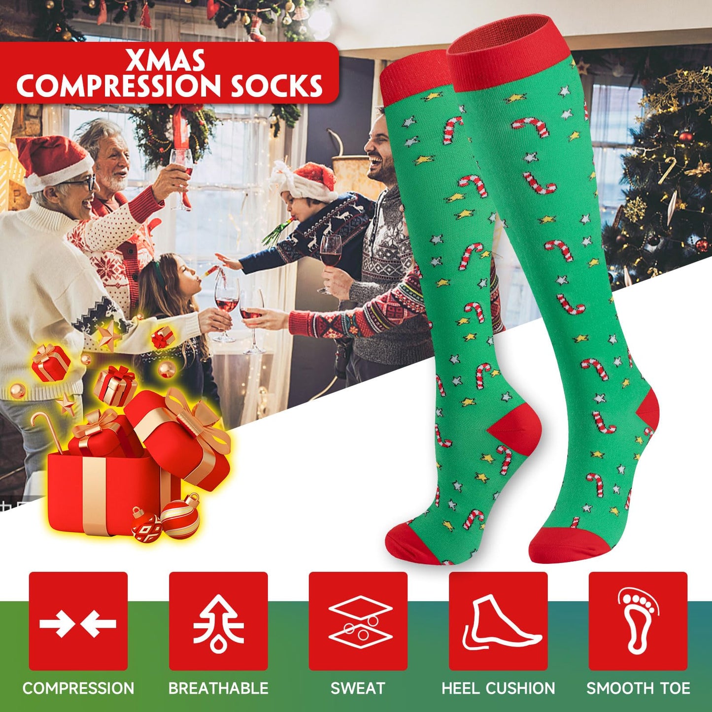 cerpite Christmas Compression Socks for Women & Men Circulation 6 Pairs Compression Socks 20-30 mmhg Best for Running,Nurse,Travel