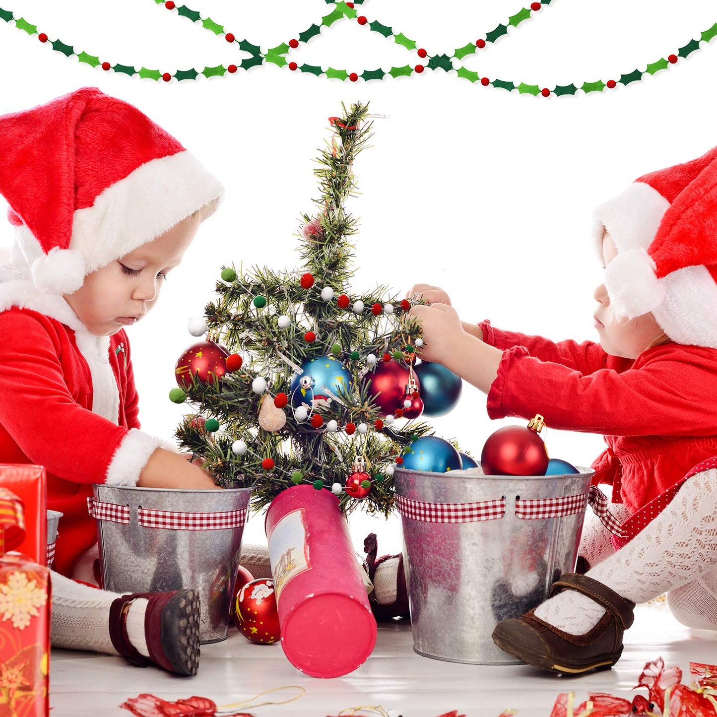 Boao 3 Pack Christmas Felt Ball Pom Pom Garland Holly and Berries Christmas Tree Decorations Red Green White Pompom Hanging Ornament String Banner Xmas Holiday Birthday Party Supplies Decor