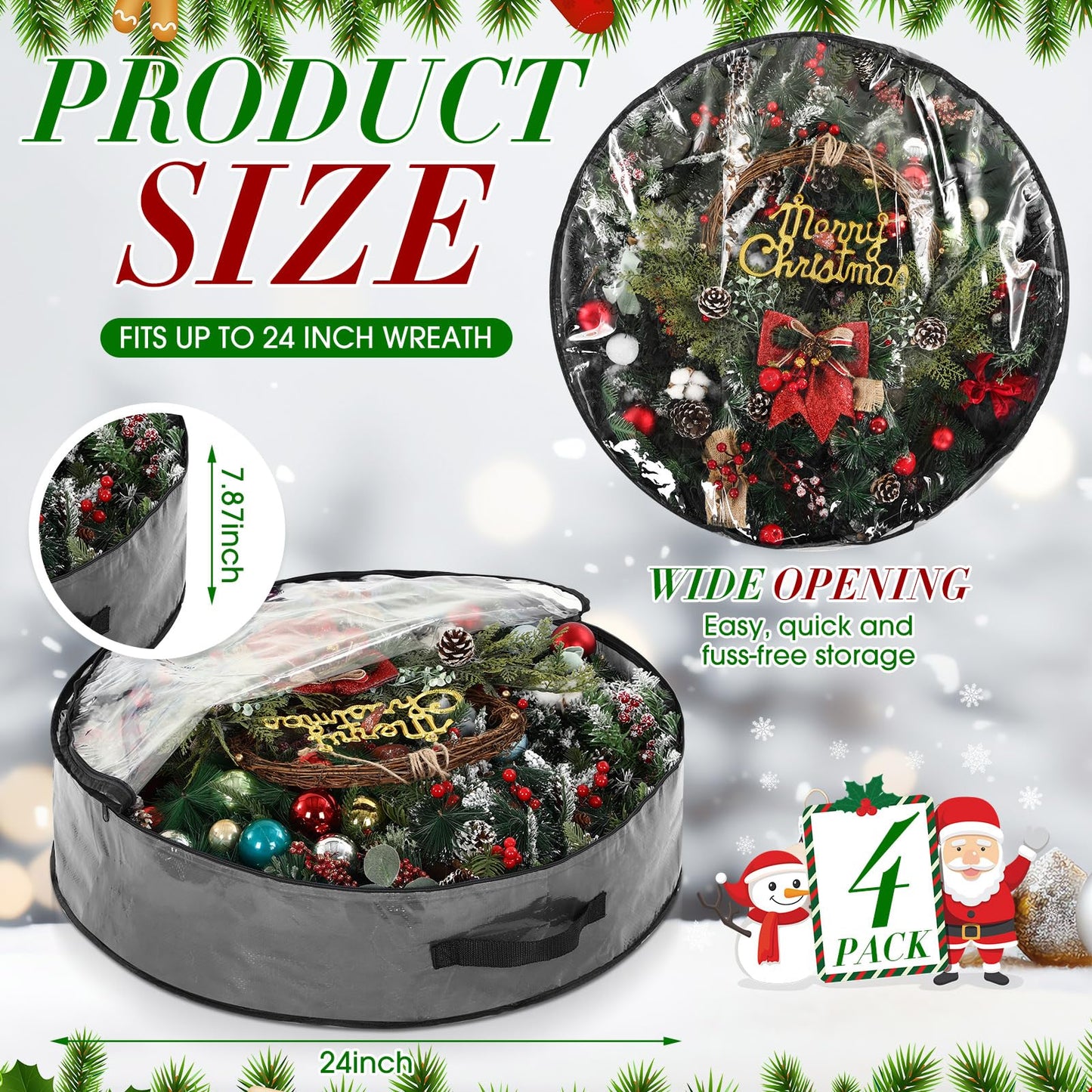 Aliceset 4 Pack Wreath Storage Containers, Ornament Garland Wreath Storage Bags with Handle Zipper Decorative Storages Box for Christmas in July Wreaths(24 x 24 x 7.8 Inch,Gray)
