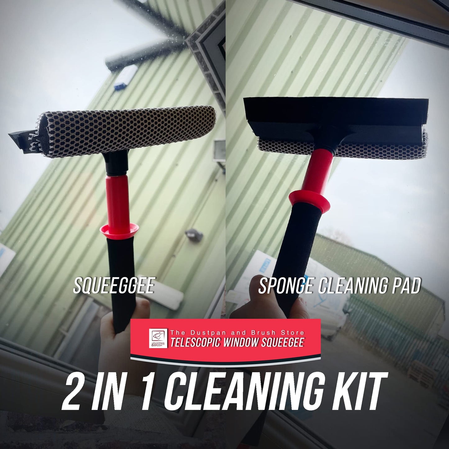 2 in 1 Telescopic Window Squeegee with Durable Squeegee Blade and Sponge Attachment - Window Cleaning Kit Perfect to Use as Shower Cleaner Squeegee, Window Cleaner & Car Window Squeegee