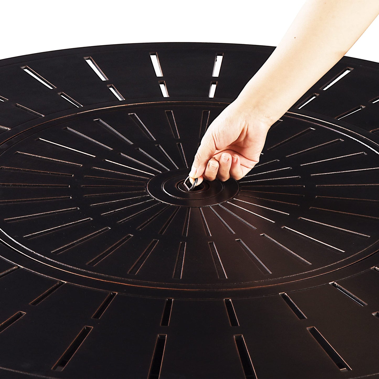 Oakland Living Aluminum 57,0000 BTU 44 in. Round Propane Black Fire Pit Table with Fire Beads, Lid, Propane Tank Cover and Table Fabric Covers in Copper Finish, (AZNOBU-FPT-AC)