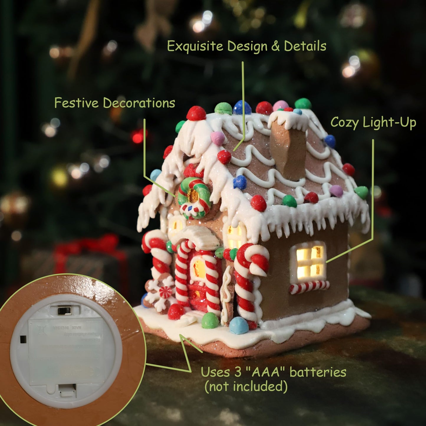 SunArtHome Gingerbread House Decoration, Battery-Operated Light-Up Gingerbread House, Classic Gingerbread Christmas Village Figurines, Handmade Decorations (Style 2)