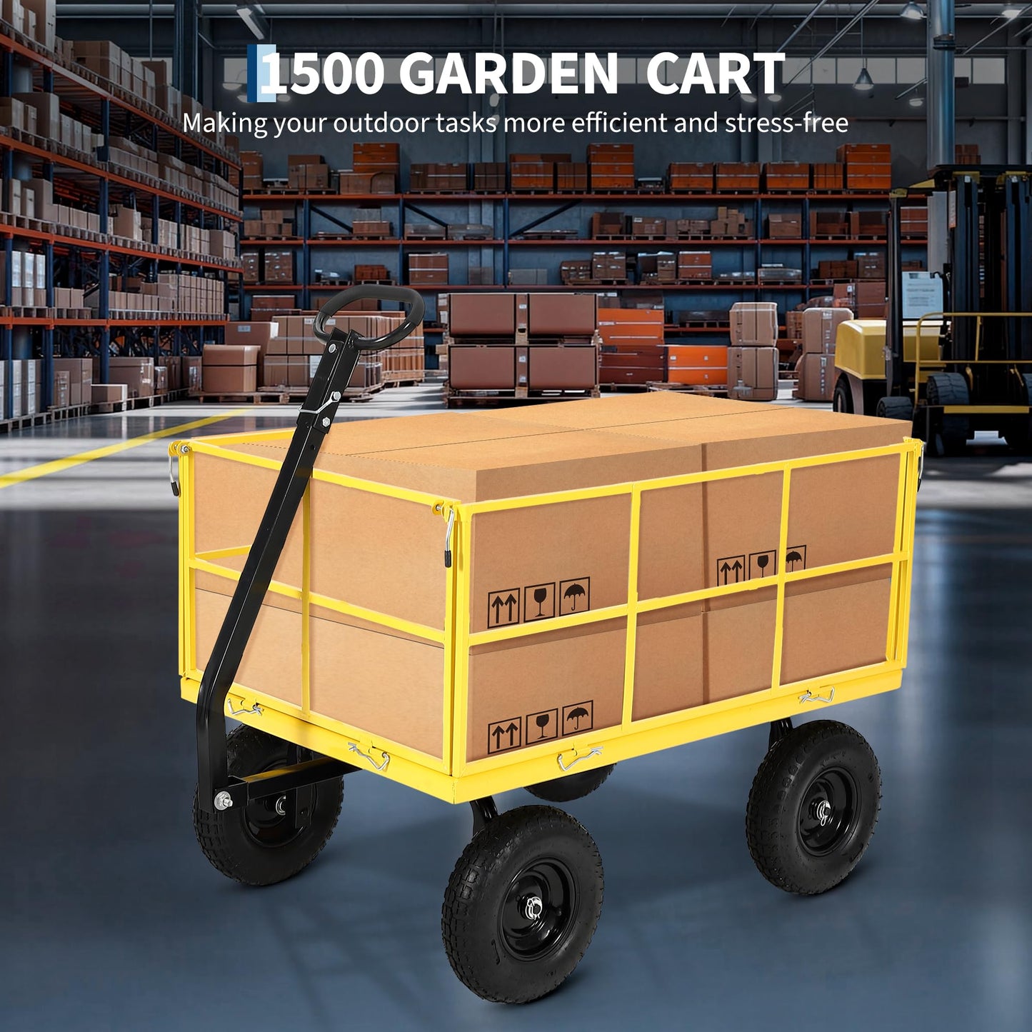 Heavy Duty 1500 Lbs Steel Garden Cart – 3-in-1 Utility Wagon & Trailer with Removable Mesh Sides, 13" All-Terrain Tires, 180° Rotating Handle for Lawn, Yard, Gardening Tasks, Outdoor Hauling