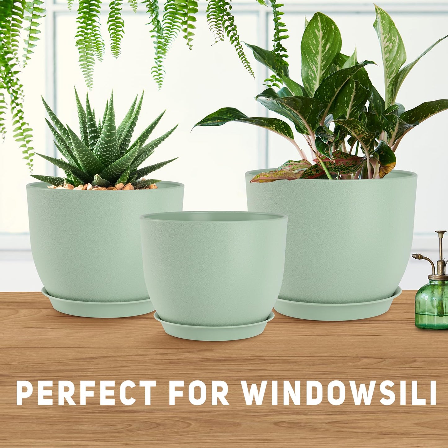 YNNICO Plant Pots 10/9/8/7.5/7 inch Flower Pots with Multi Mesh Drainage Holes, Planters for Indoor Outdoor Garden Plants and Flowers. (Green)