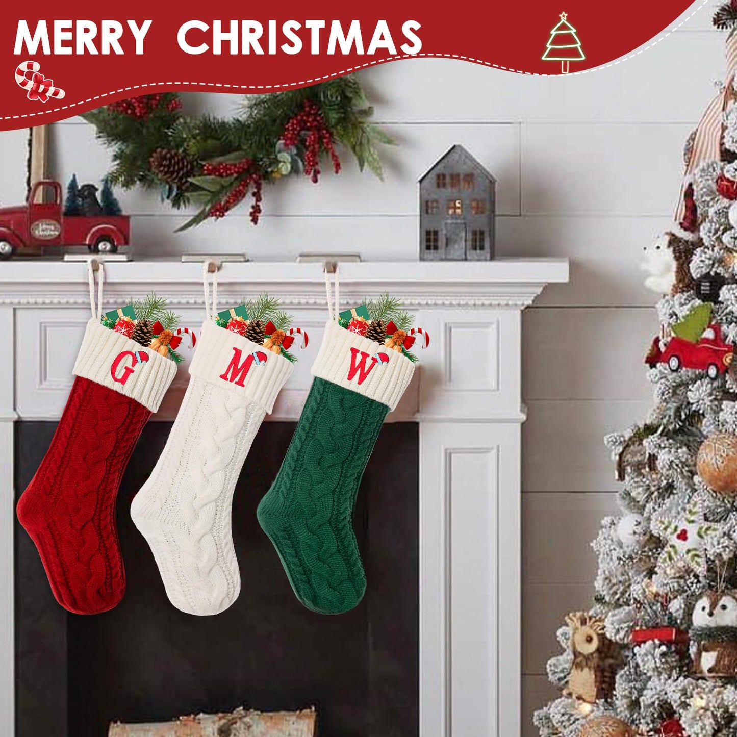 guccde Christmas Stockings with Initials, Personalized Embroidered Monogram 18 Inches Knitted Christmas Stockings Fireplace Xmas Stockings for Kids,Family Holiday Party Decoration Red Letter A