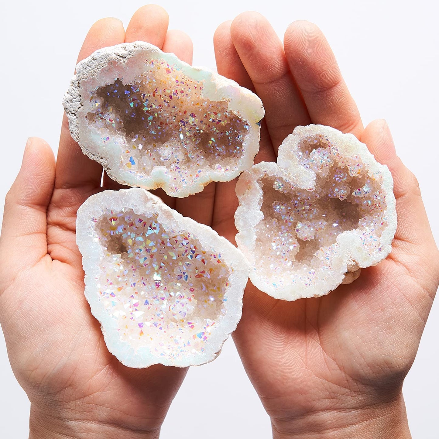 Yougoals Natural Geode Quartz Crystals,Rainbow Titanium Coated Quartz Specimen,White Geode Rainbow Crystal Cluster Natural Crystals and Healing Stones Decor 1PK Angel Aura Quartz