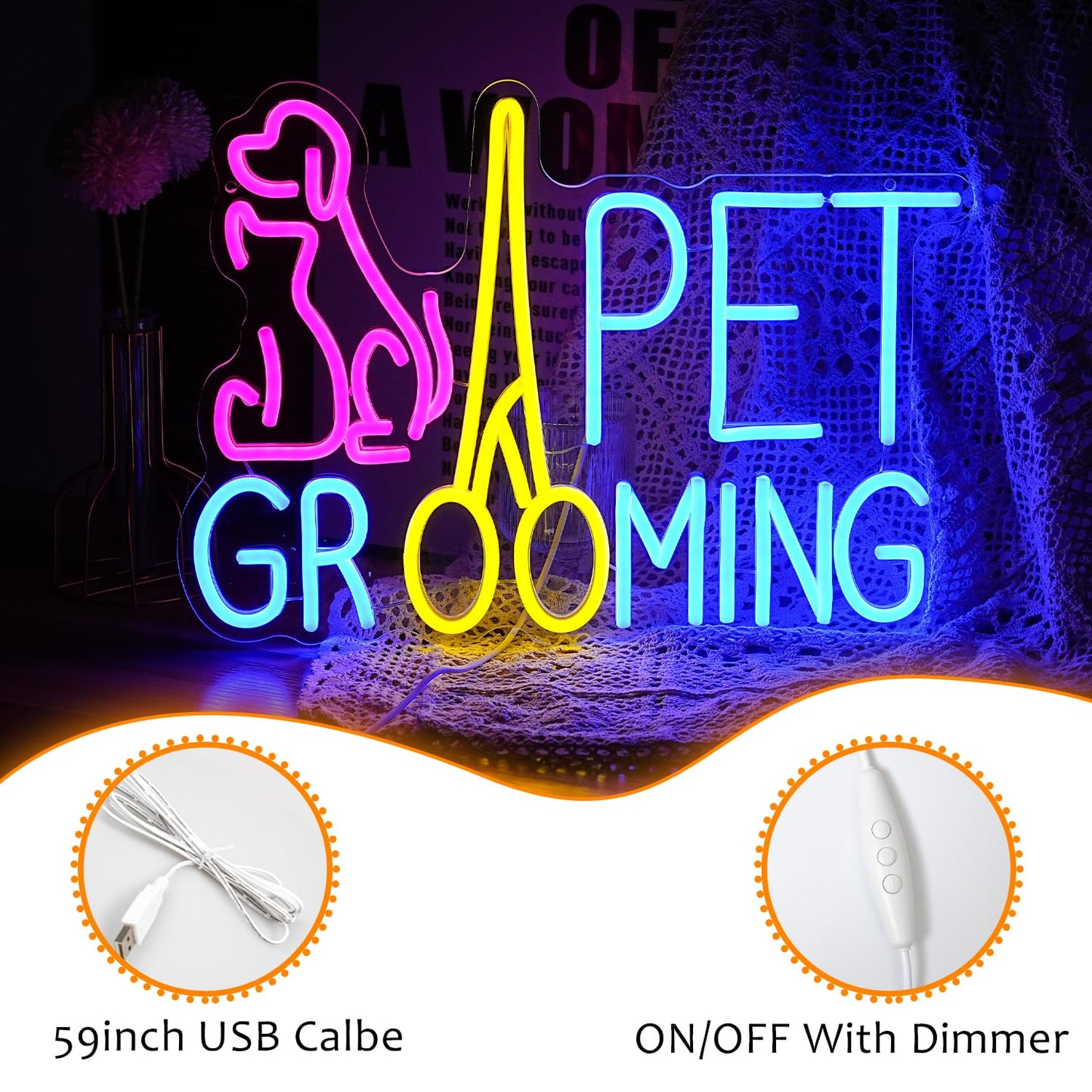 Pet Grooming Neon Sign Dimmable LED Pink Cat Dog Animal Neon Light for Wall Decor Pet Light Up Sign Powered by USB for Pet Shop Hoom Decor Boys Girls Gift (16.7"*12"）