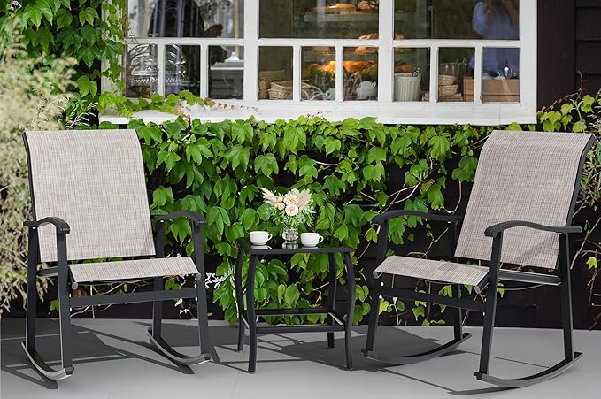 Vongrasig 3 Piece Outdoor Rocking Bistro Set, Textilene Fabric Small Patio Furniture Set, Front Porch Rocker Chairs Conversation Set with Glass Table for Lawn, Garden, Balcony, Poolside (Taupe)