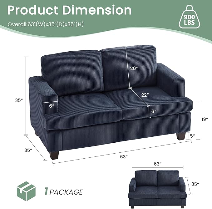 YOUDENOVA Sofa, 63” Comfy Loveseat Sofa