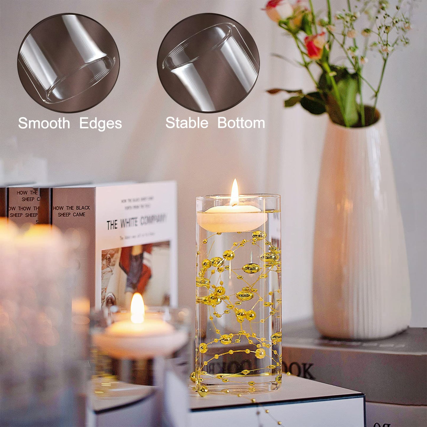 UDU 12 Set Glass Vases for Centerpieces with 24 White Floating Candles 80000 Vase Filler 6 Pearl String Party Event Home Wedding Centerpieces for Tables Decorations