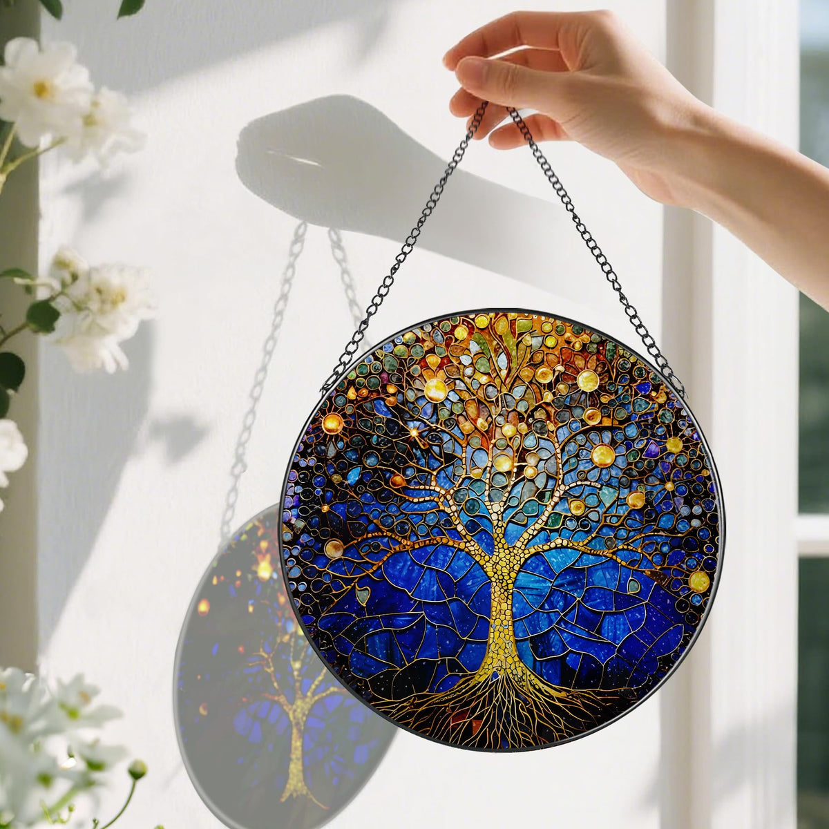 8-Inch Stained Glass Tree of Life Ornament, Stained Glass Window Hanging, Window Hanging Decor Suncatcher – Housewarming, Christmas, Birthday | Gift for Family, Friend, Couple, Teacher | Holiday Decor
