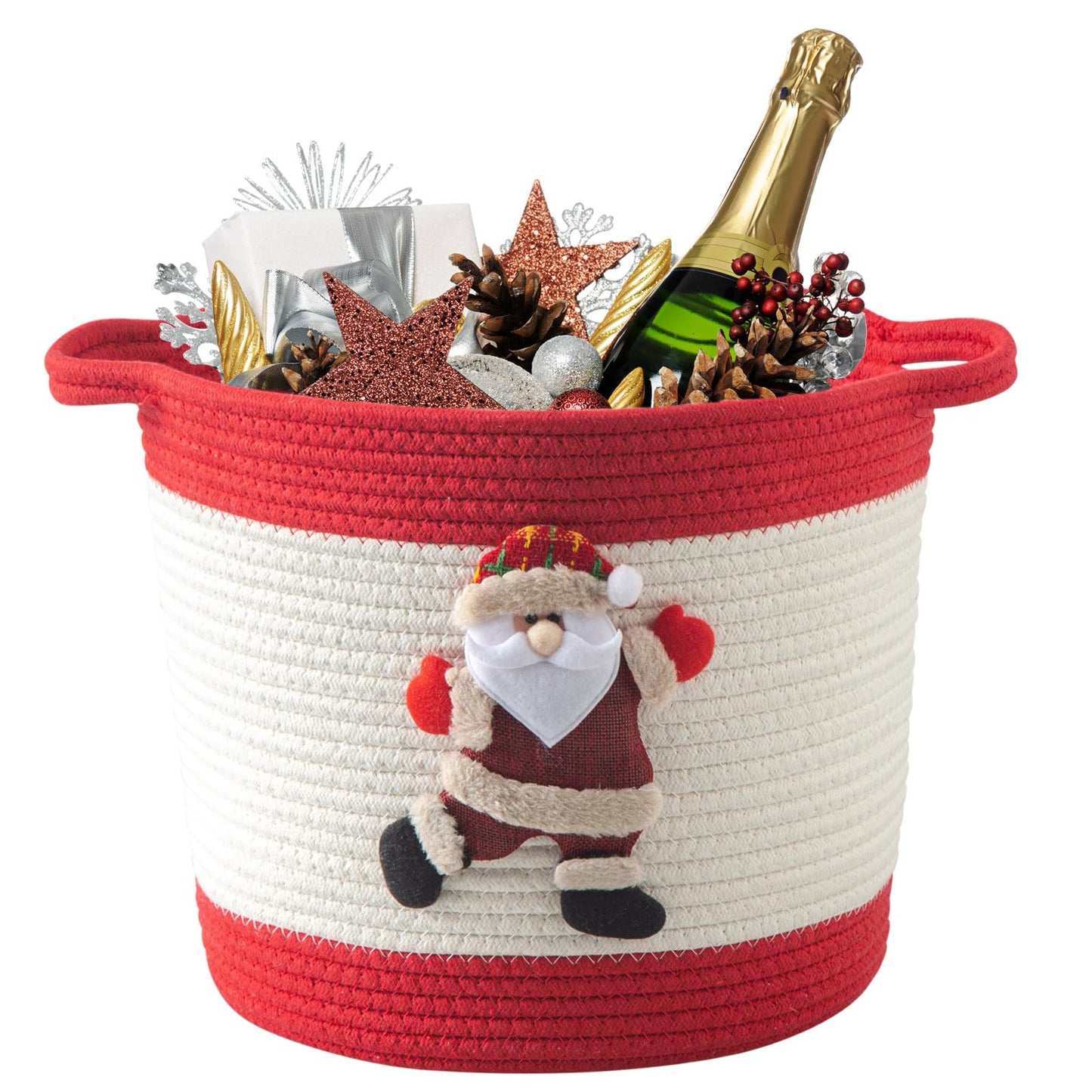 HomeyPine Christmas Basket with Santa Claus Doll, Woven Cotton Rope Christmas Storage Basket with Handles, Christmas Toy Baskets for Baby Towels, Diapers, Pet Toy Storage Basket, Red