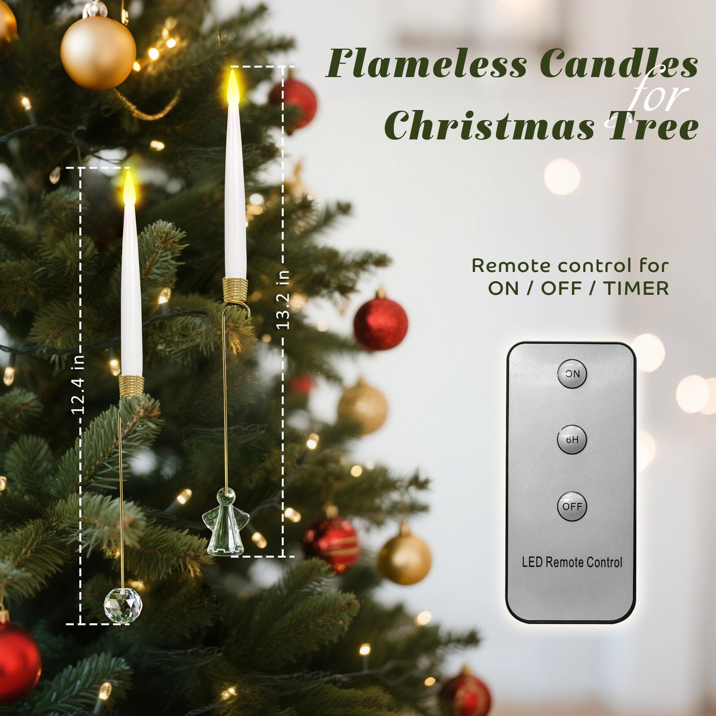 LUSHARBOR Christmas Tree Candles, 10 Pack Flameless Taper Candles for Christmas Tree Decor, Fake LED Candle Battery Operated with Remote for Xmas Wedding Home Gift with Crystal Ball Angel Hook