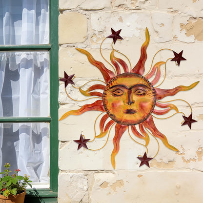 VESTCDF Metal Wall Art Decor Outdoor 30 inch Sun Wall Hanging Decoration for Graden 3D Sun Face Metal Wall for Living Room Garden Yard Patio(Star)