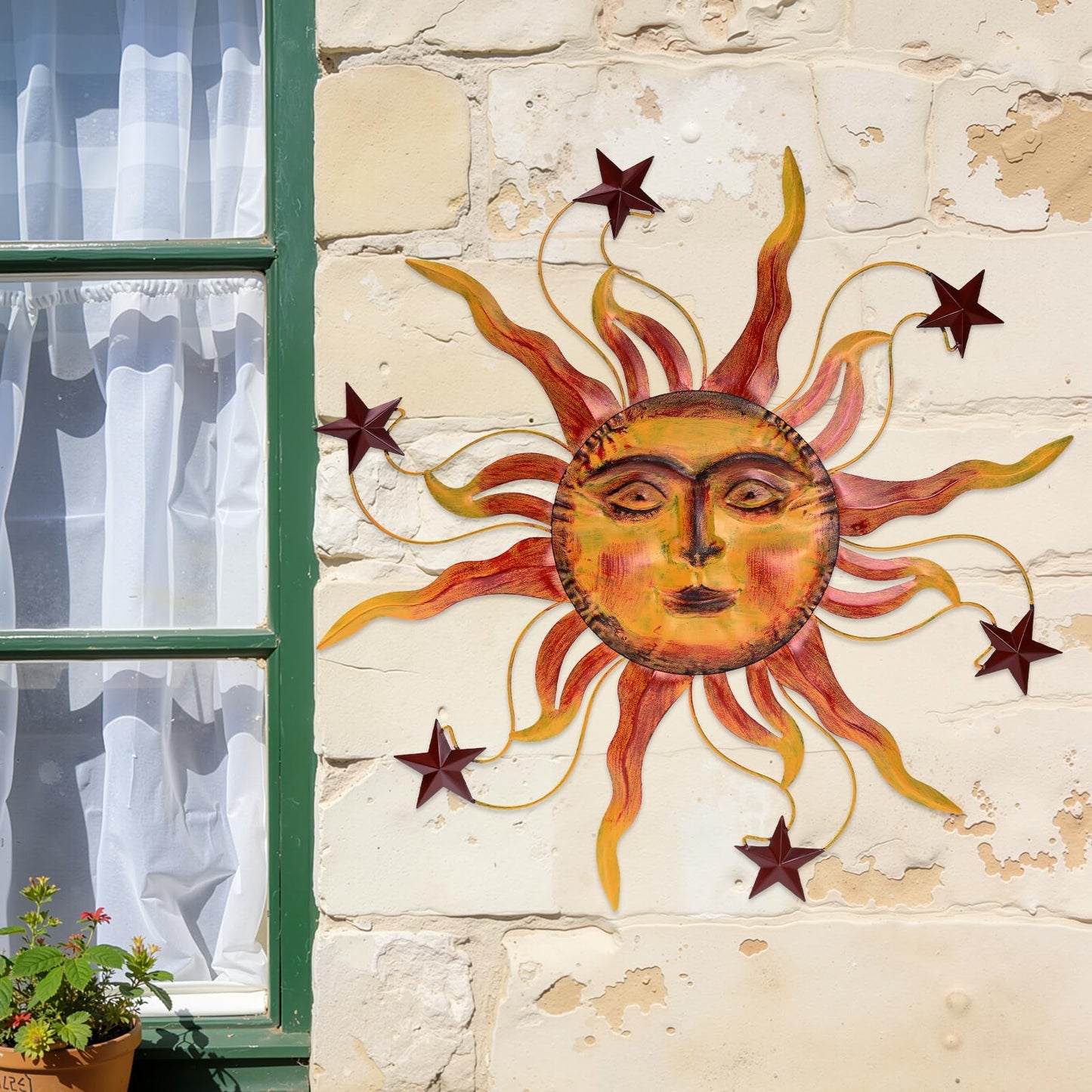 VESTCDF Metal Wall Art Decor Outdoor 30 inch Sun Wall Hanging Decoration for Graden 3D Sun Face Metal Wall for Living Room Garden Yard Patio(Star)