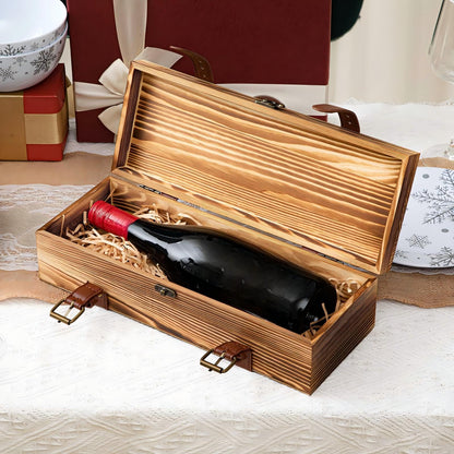Briwooody 1 Pack Vintage Wooden Wine Gift Box - Rustic Wine Bottle Gift Case Single Bottle Holder with Leather Buckle Straps and Locking Latch for Birthday, Wedding, Anniversary, Housewarming