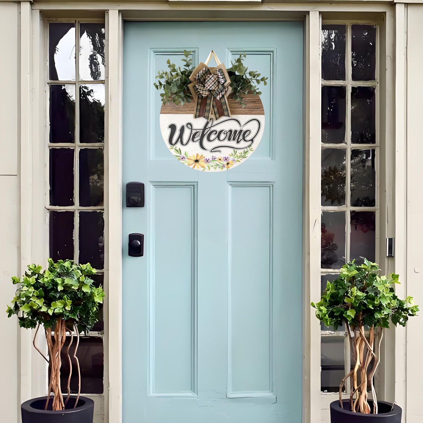 Welcome Sign Front Door Decoration 12 Inch Round Wood Wreath Wall Hanging Outdoor, Farmhouse, Porch, Suitable for Spring Summer Fall Seasons Holidays Christmas (Grass Green)