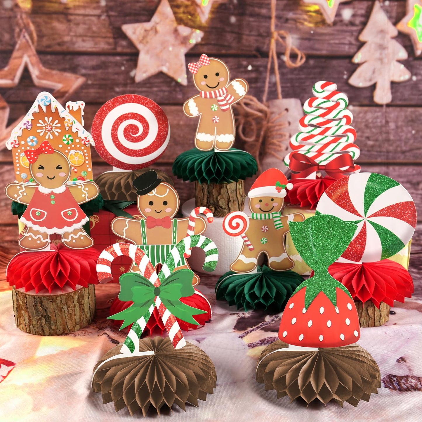 Gingerbread Christmas Party Table Decorations Centerpieces,10pcs Paper Gingerbread Man House Lollipops Candy Canes Honeycombs for Xmas Winter Holiday Birthday Party Decor Supplies