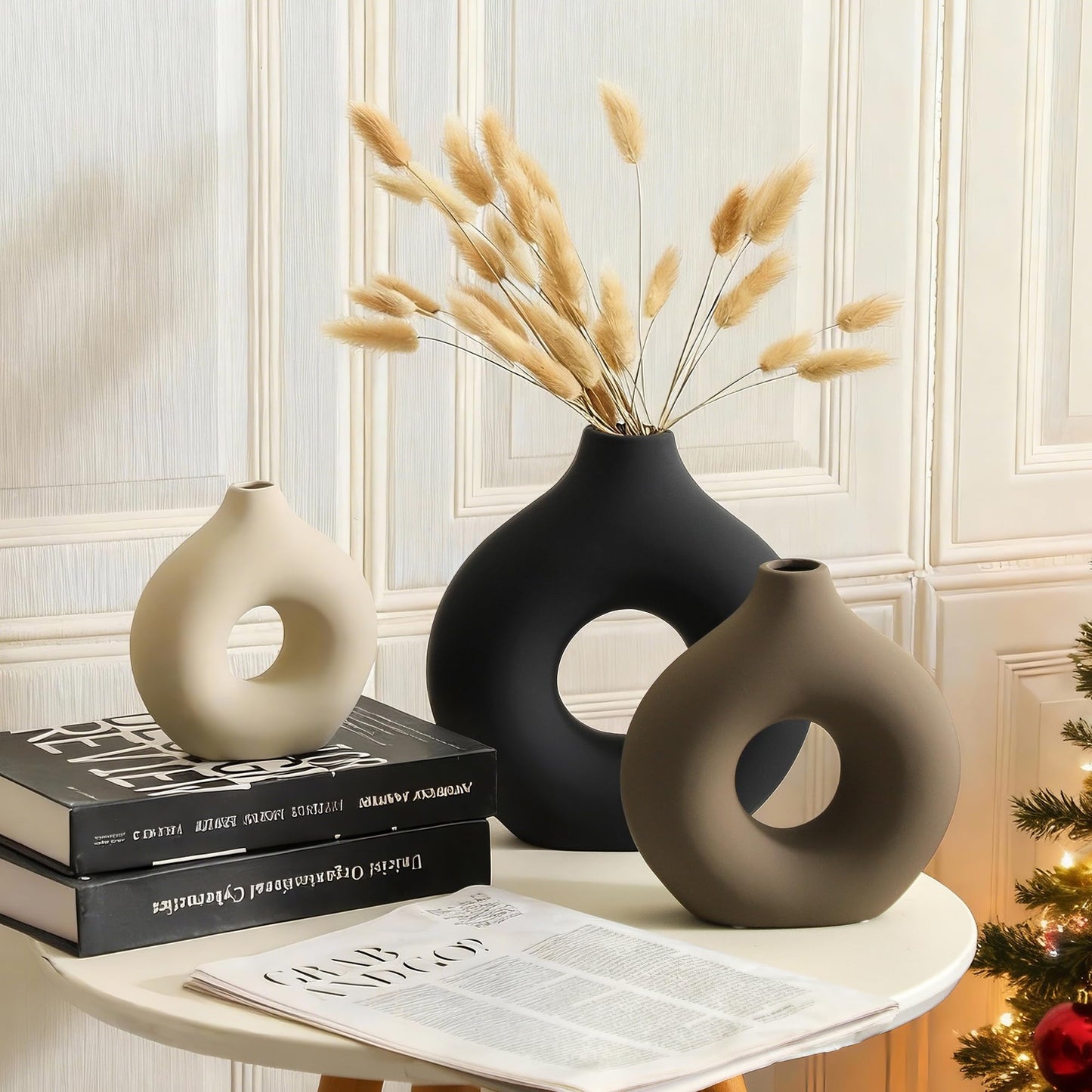 Vanselia Ceramic Vase Home Table Decor - Flower Vases Set of 3 Small Living Room Centerpiece Decorations for Shelf Bedroom Office Kitchen Dining Desk Modern Aesthetic Farmhouse Decorative (Classic)