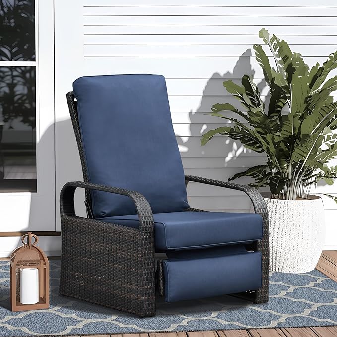 Art to Real Outdoor Wicker Recliner Chair with 5.5'' Cushions, Automatic Adjustable Patio Lounge Chairs, Aluminum Frame Reclining Chair for Lawn Backyard Porch Poolside Deck(Navy Blue)