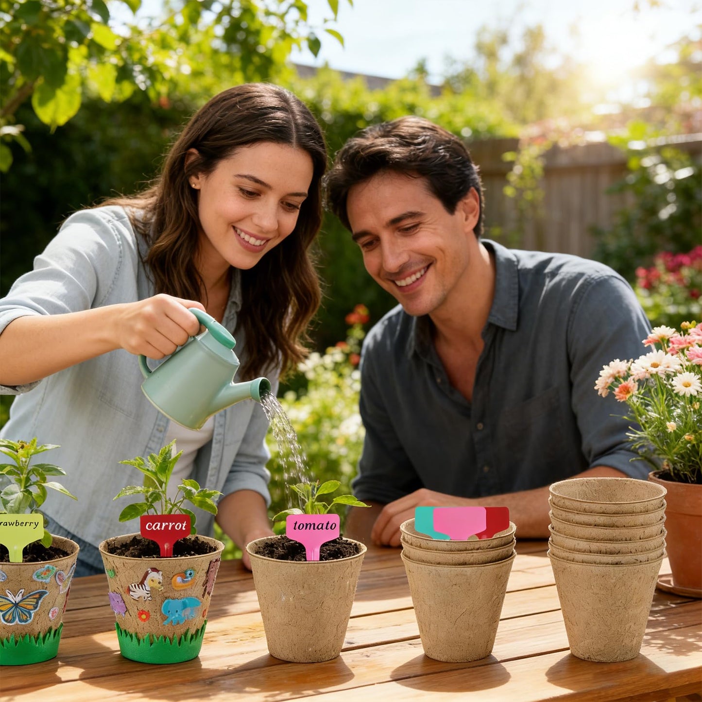 NNG 20 Set Garden Paper Pot Craft Kit,20Pcs Round Paper Mache Pots Peat Plant Pots with 200pcs Adhesive Foam Stickers & 20Pcs Pots Labels,Flower Plant Spring Craft for DIY Flower Planting