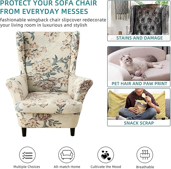 KRFOONN Velvet Wing Chair Slipcovers 2 Piece Stretch Printed Wingback Chair