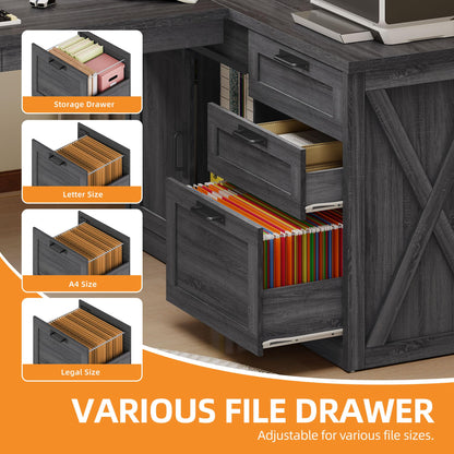 Meowloday 78'' Farmhouse L Shaped Desk, Large Home Office Desk with File Drawer and Charging Station, Computer Corner Desks with Sliding Barn Door & Storage Cabinet for Office Home, Bedroom, Grey