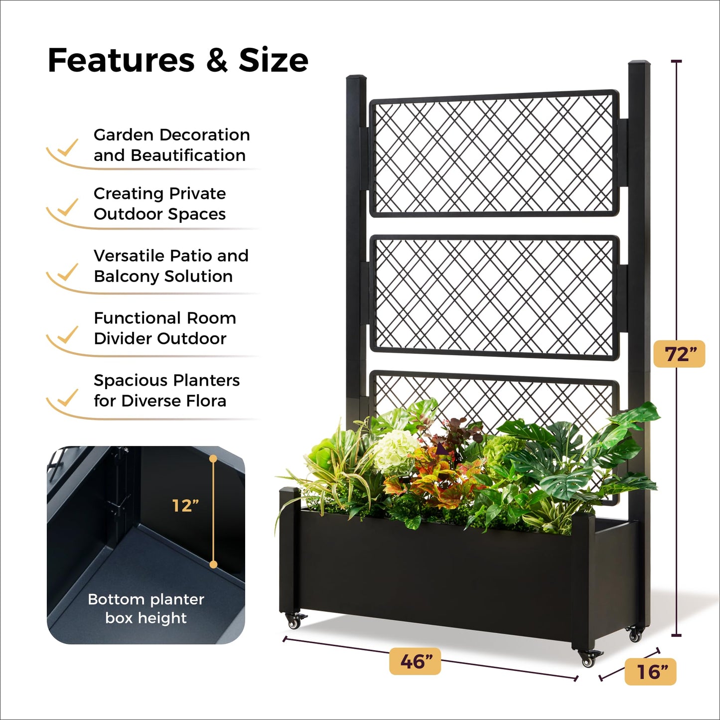 Foresland Tall Metal Planter Box with Trellis and Wheels, 72Hx46Wx16D Large Outdoor Garden Planter, 10min's Quick Setup for Climbing Plants Vines with Drainage Holes and Privacy Screen, Black